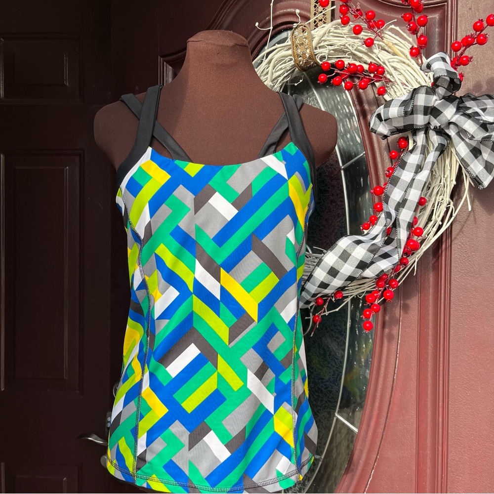 Exersion performance fitted athletic halter tank top - built in bra - multicolor